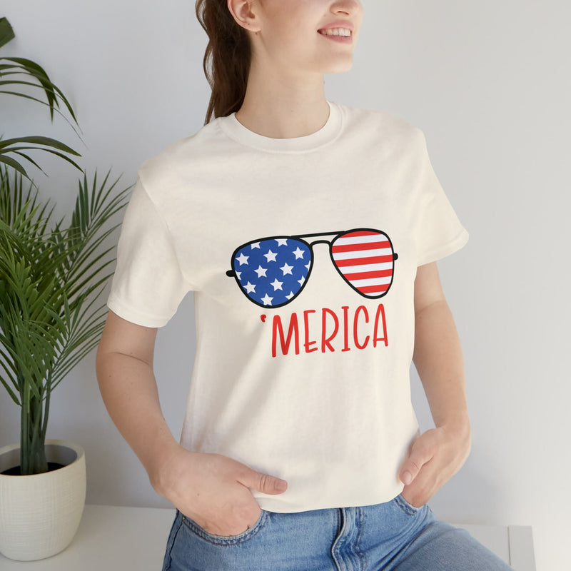 'Merica American Flag Sunglasses Jersey Short Sleeve Tee - Soft & Comfortable - Patriotic Clothing - Made in the USA