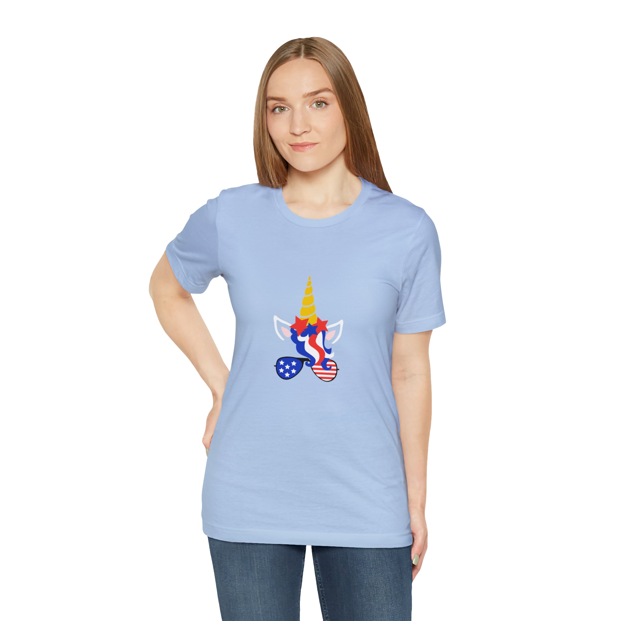 4th of July Unicorn with Sunglasses Jersey Short Sleeve Tee - Soft & Comfortable - Patriotic Clothing - Made in the USA