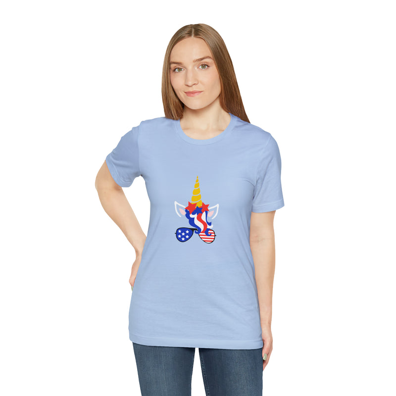 4th of July Unicorn with Sunglasses Jersey Short Sleeve Tee - Soft & Comfortable - Patriotic Clothing - Made in the USA