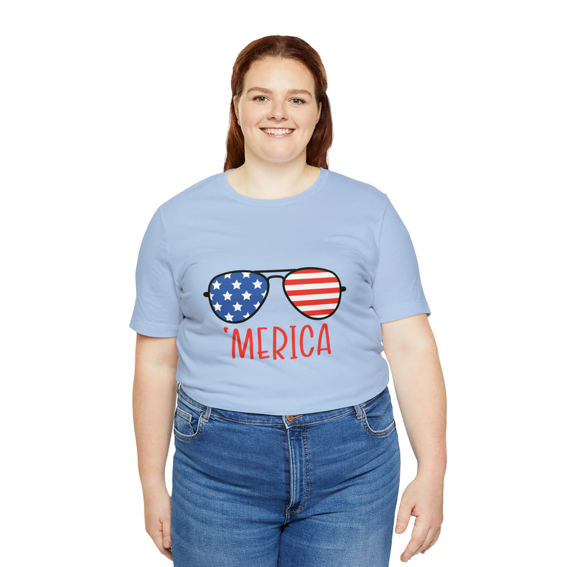 'Merica American Flag Sunglasses Jersey Short Sleeve Tee - Soft & Comfortable - Patriotic Clothing - Made in the USA