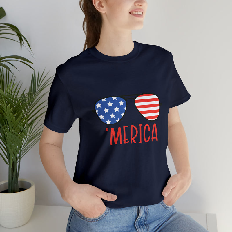 'Merica American Flag Sunglasses Jersey Short Sleeve Tee - Soft & Comfortable - Patriotic Clothing - Made in the USA