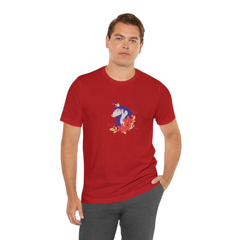 4th of July Unicorn with Flowers Jersey Short Sleeve Tee - Soft & Comfortable - Patriotic Clothing - Made in the USA