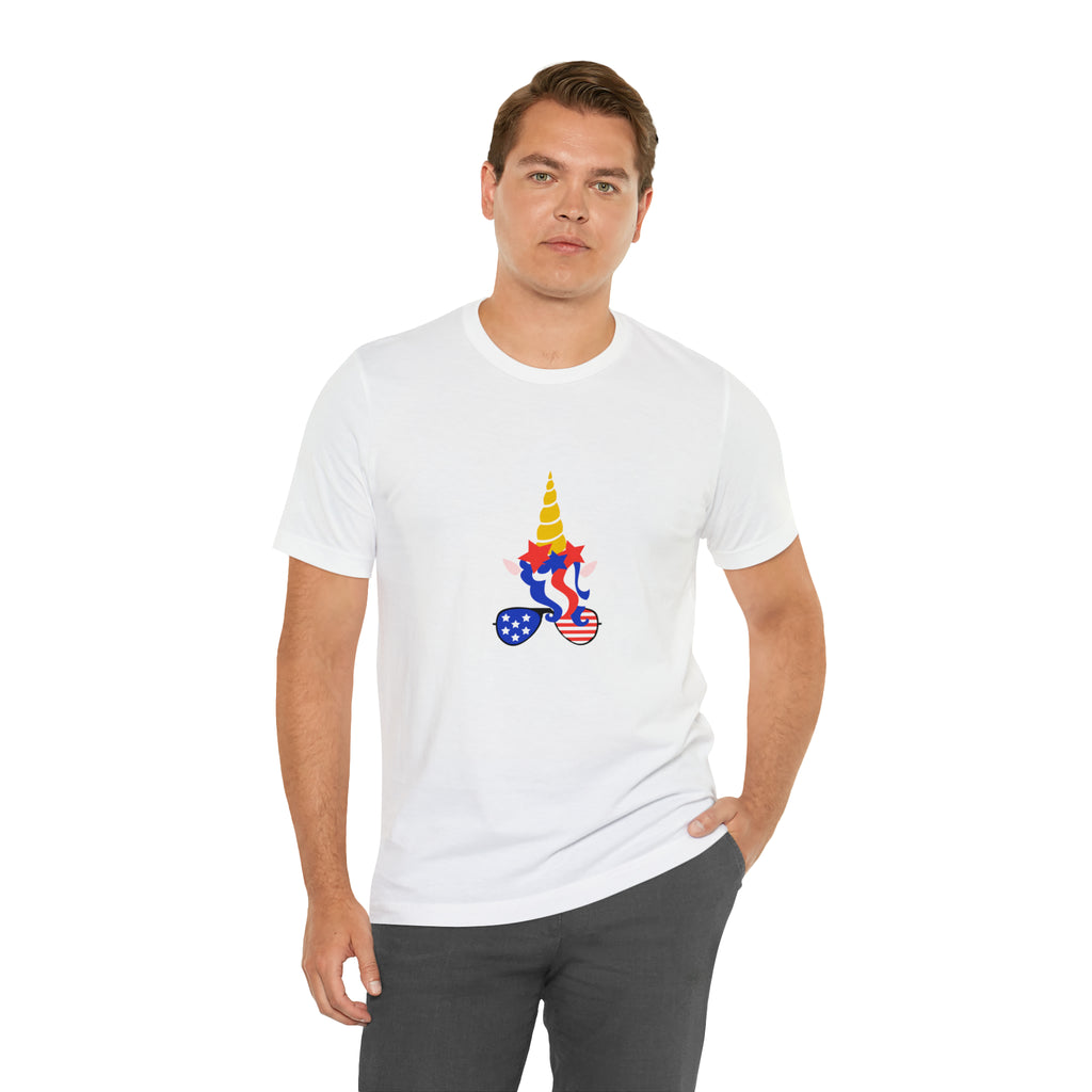 4th of July Unicorn with Sunglasses Jersey Short Sleeve Tee - Soft & Comfortable - Patriotic Clothing - Made in the USA