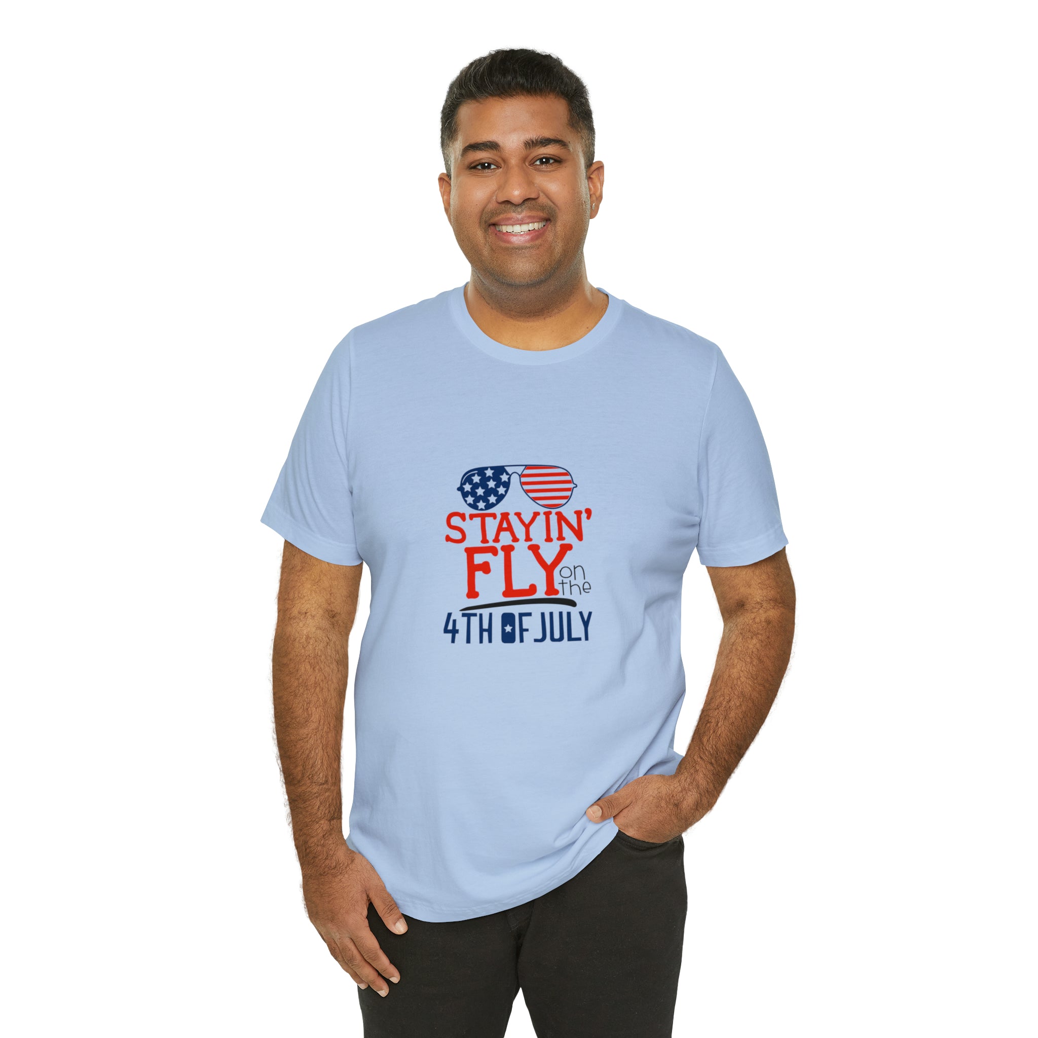 Stayin' Fly on the 4th of July American Flag Sunglasses Unisex Jersey Short Sleeve Tee - Stylish Patriotic Clothing - Made in the USA