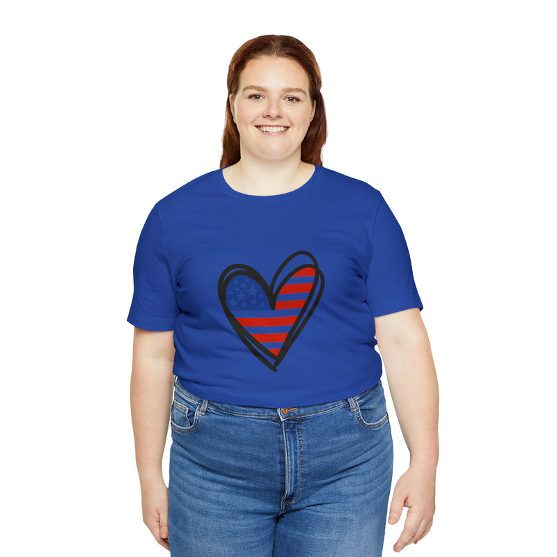 Love America Flag Heart Jersey Short Sleeve Tee - Soft & Comfortable - Patriotic Clothing - Made in the USA