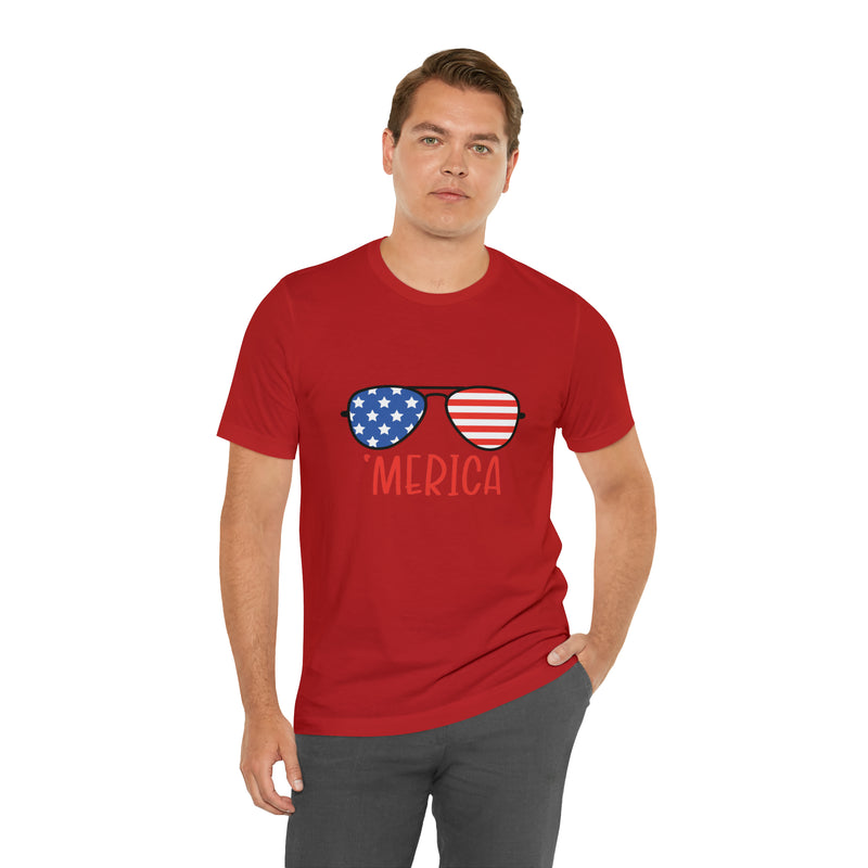 'Merica American Flag Sunglasses Jersey Short Sleeve Tee - Soft & Comfortable - Patriotic Clothing - Made in the USA