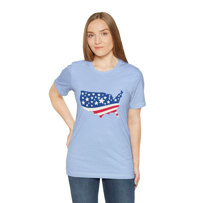 4th of July American Flag Map Jersey Short Sleeve Tee - Soft & Comfortable - Patriotic Clothing - Made in the USA