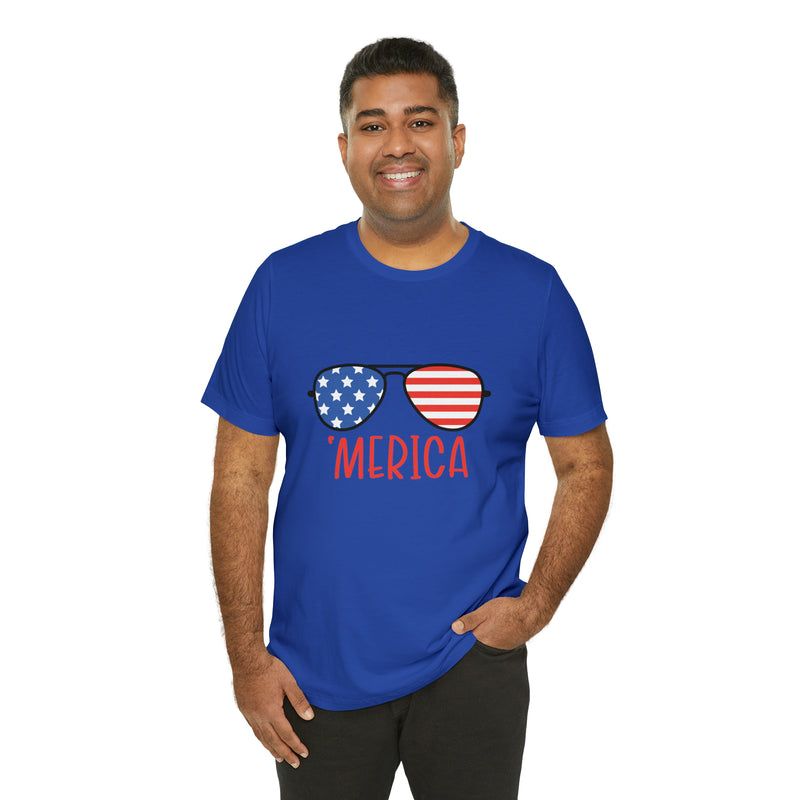 'Merica American Flag Sunglasses Jersey Short Sleeve Tee - Soft & Comfortable - Patriotic Clothing - Made in the USA