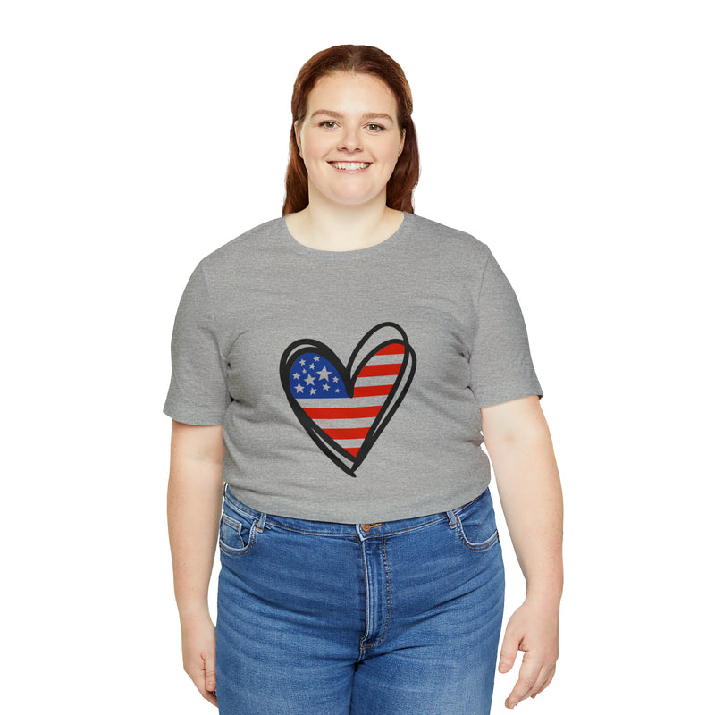 Love America Flag Heart Jersey Short Sleeve Tee - Soft & Comfortable - Patriotic Clothing - Made in the USA