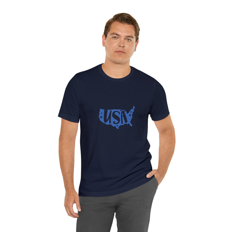 Blue USA Map Short Sleeve Tee - Patriotic Clothing - Made in the USA