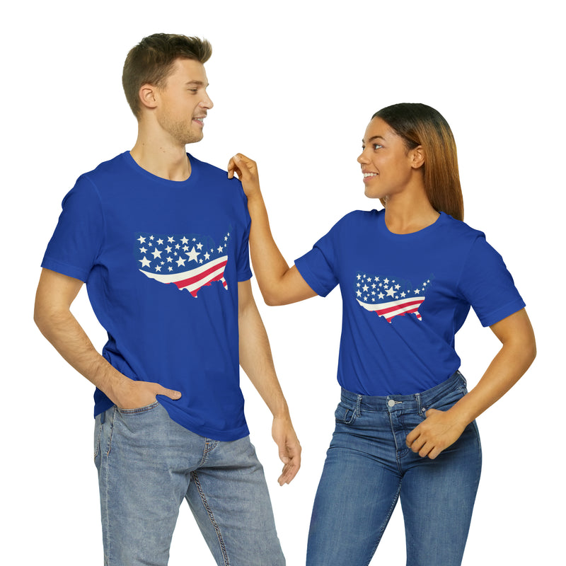 4th of July American Flag Map Jersey Short Sleeve Tee - Soft & Comfortable - Patriotic Clothing - Made in the USA