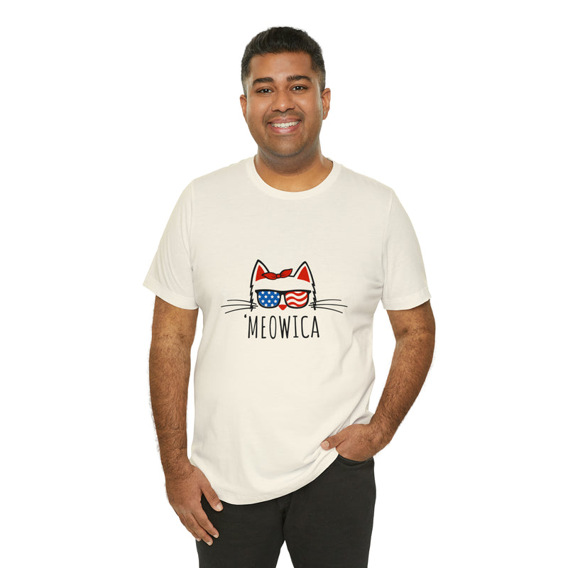 'Meowica Patriotic Cat with Sunglasses Jersey Short Sleeve Tee - Soft & Comfortable - Cute & Patriotic Clothing - Made in the USA