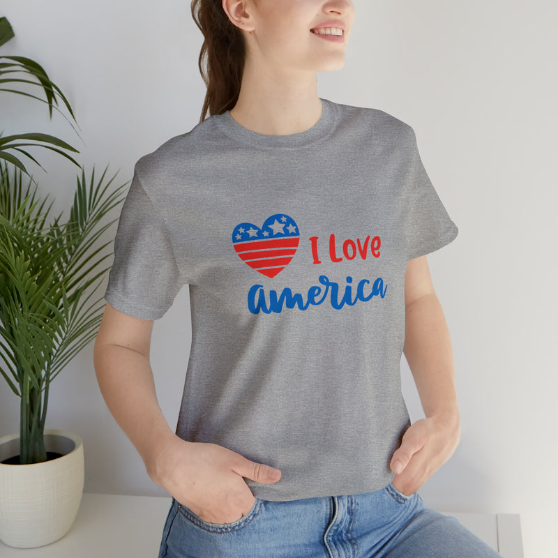 I Love America Heart Jersey Short Sleeve Tee - Soft & Comfortable - Patriotic Clothing - Made in the USA