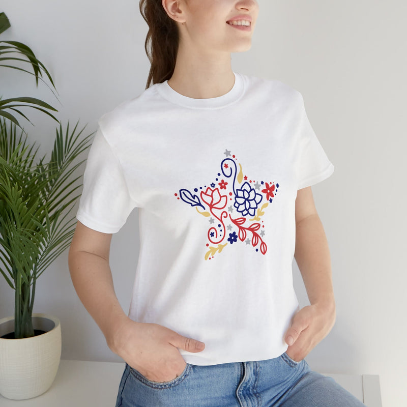 4th of July Floral Star Jersey Short Sleeve Tee - Patriotic Clothing - Made in the USA