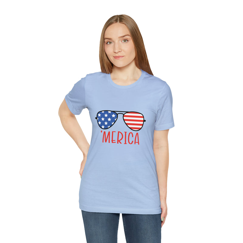 'Merica American Flag Sunglasses Jersey Short Sleeve Tee - Soft & Comfortable - Patriotic Clothing - Made in the USA