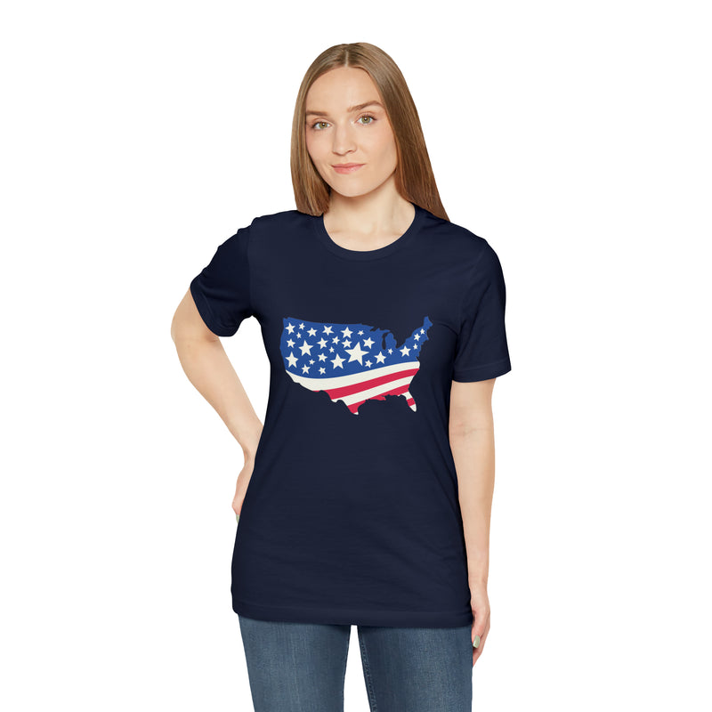 4th of July American Flag Map Jersey Short Sleeve Tee - Soft & Comfortable - Patriotic Clothing - Made in the USA