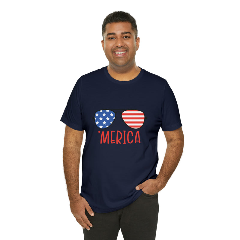 'Merica American Flag Sunglasses Jersey Short Sleeve Tee - Soft & Comfortable - Patriotic Clothing - Made in the USA