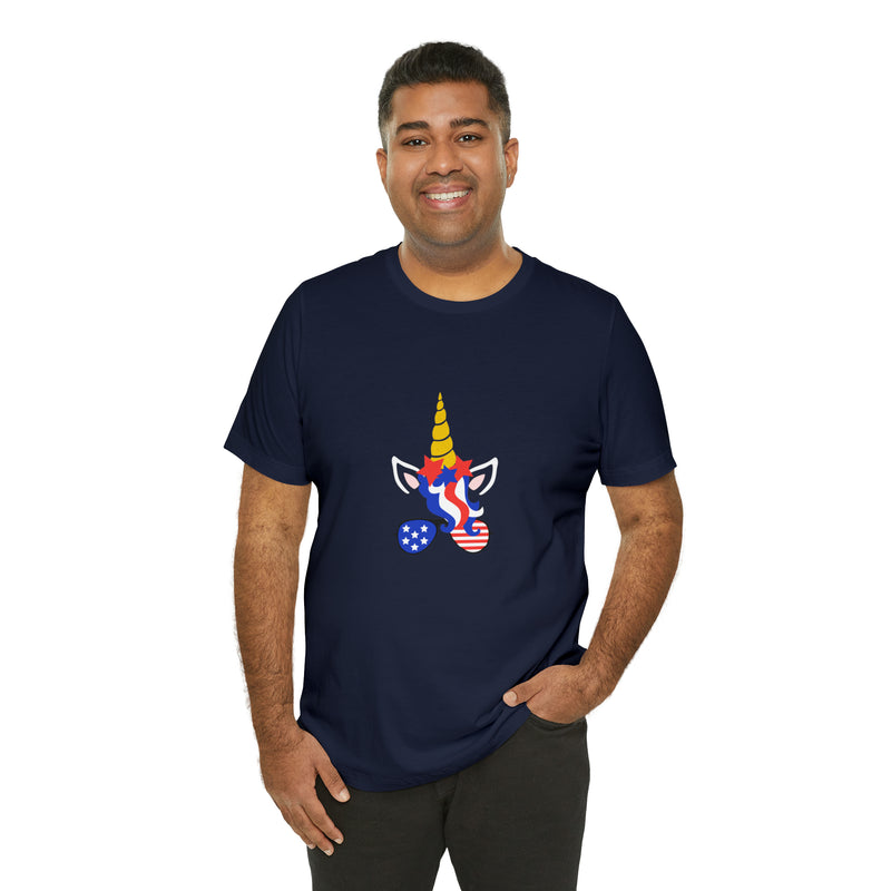 4th of July Unicorn with Sunglasses Jersey Short Sleeve Tee - Soft & Comfortable - Patriotic Clothing - Made in the USA