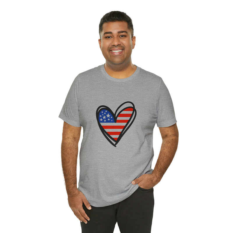 Love America Flag Heart Jersey Short Sleeve Tee - Soft & Comfortable - Patriotic Clothing - Made in the USA