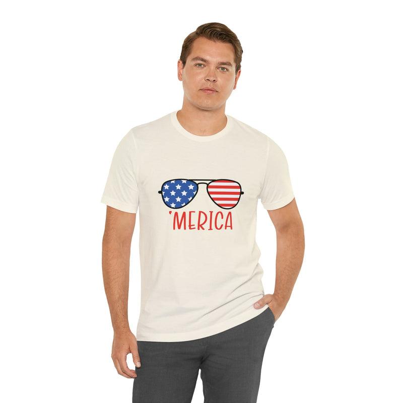 'Merica American Flag Sunglasses Jersey Short Sleeve Tee - Soft & Comfortable - Patriotic Clothing - Made in the USA