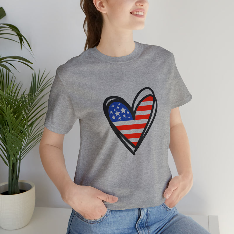 Love America Flag Heart Jersey Short Sleeve Tee - Soft & Comfortable - Patriotic Clothing - Made in the USA