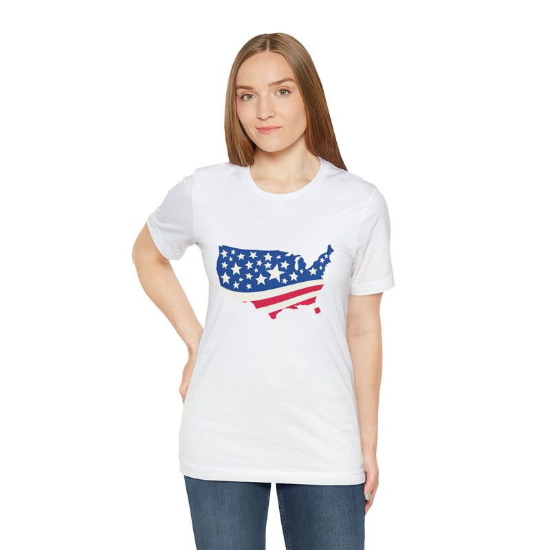 4th of July American Flag Map Jersey Short Sleeve Tee - Soft & Comfortable - Patriotic Clothing - Made in the USA