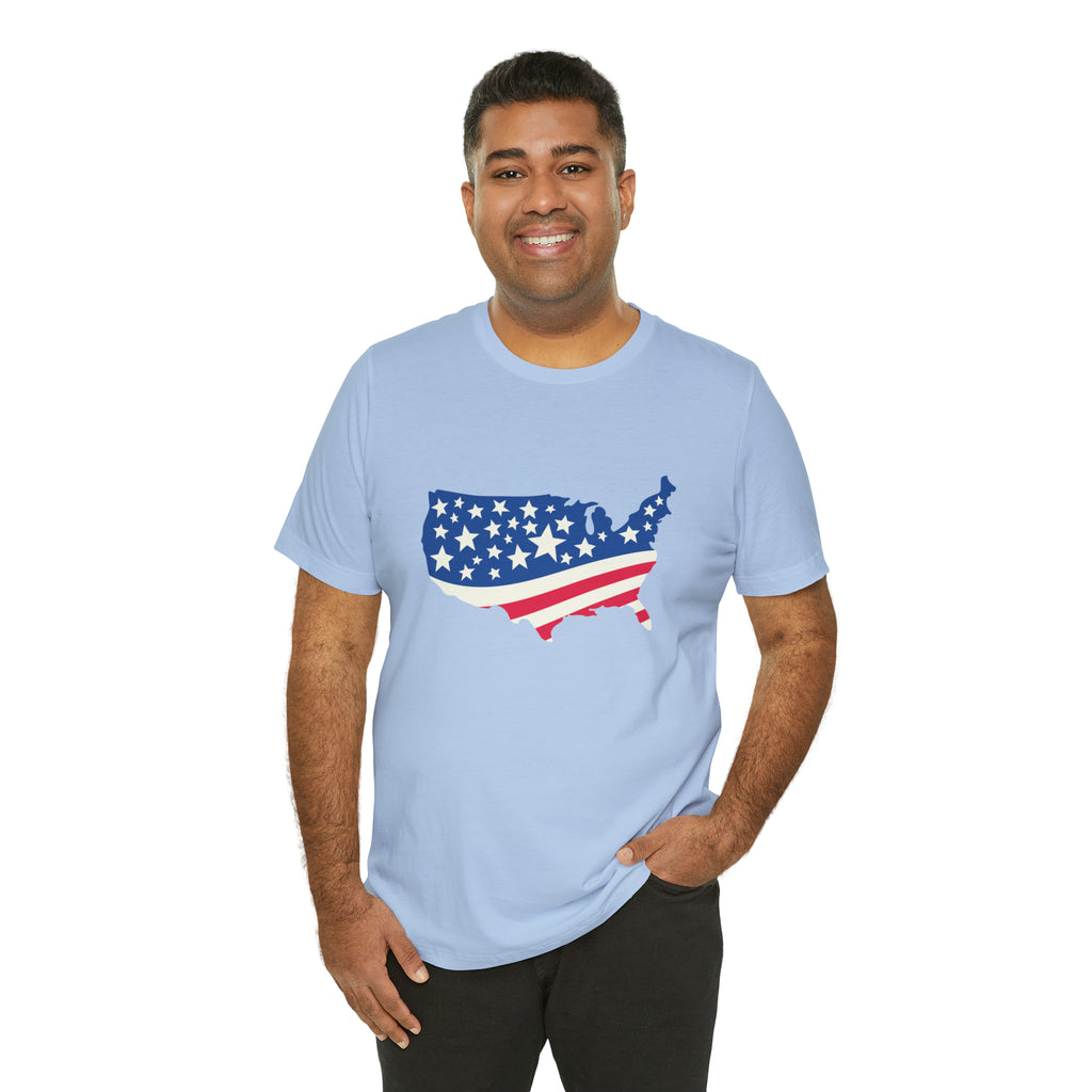 4th of July American Flag Map Jersey Short Sleeve Tee - Soft & Comfortable - Patriotic Clothing - Made in the USA