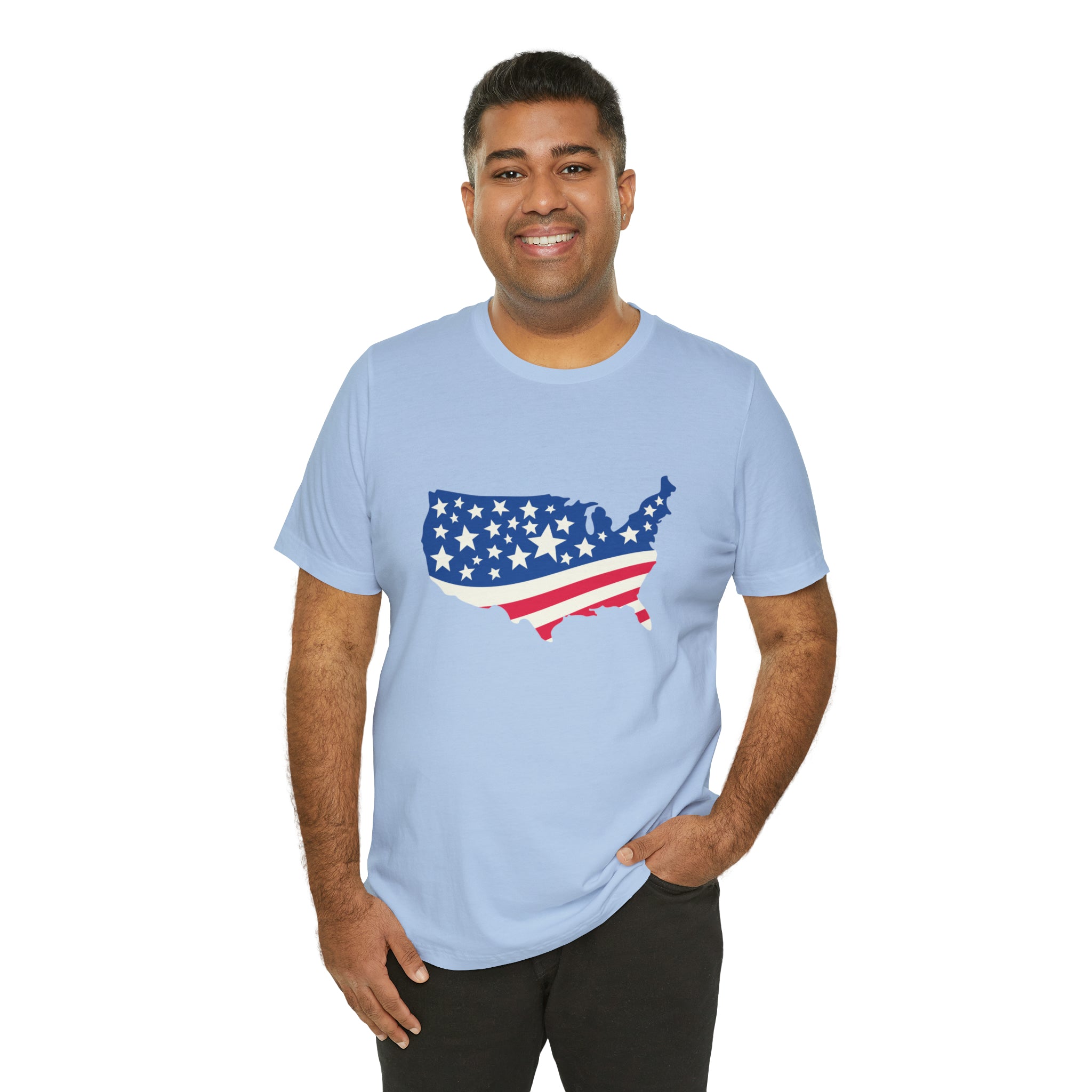 4th of July American Flag Map Jersey Short Sleeve Tee - Soft & Comfortable - Patriotic Clothing - Made in the USA