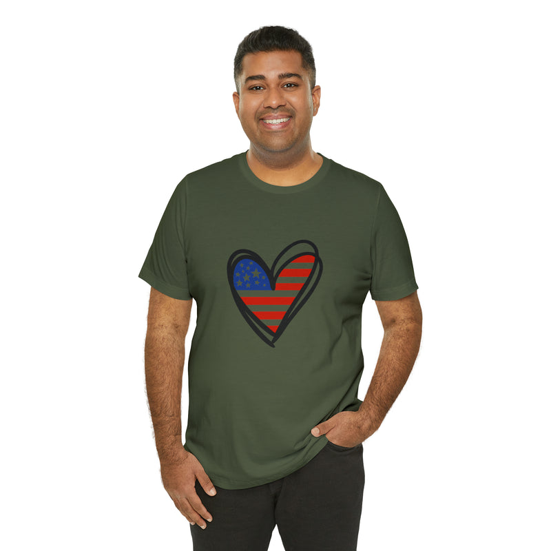 Love America Flag Heart Jersey Short Sleeve Tee - Soft & Comfortable - Patriotic Clothing - Made in the USA