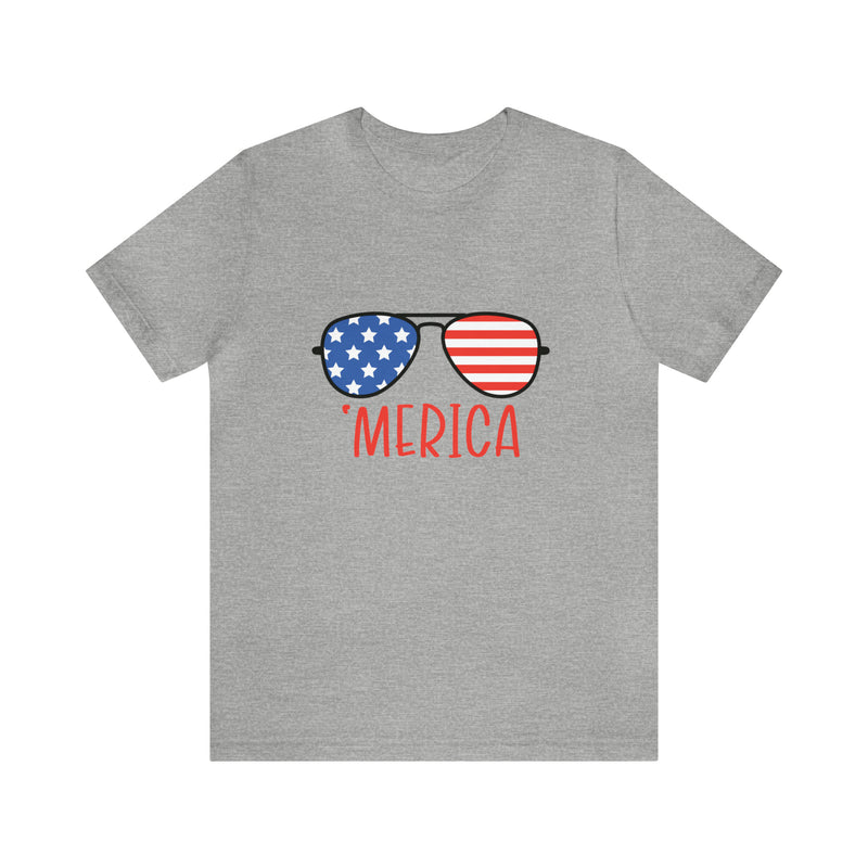 'Merica American Flag Sunglasses Jersey Short Sleeve Tee - Soft & Comfortable - Patriotic Clothing - Made in the USA