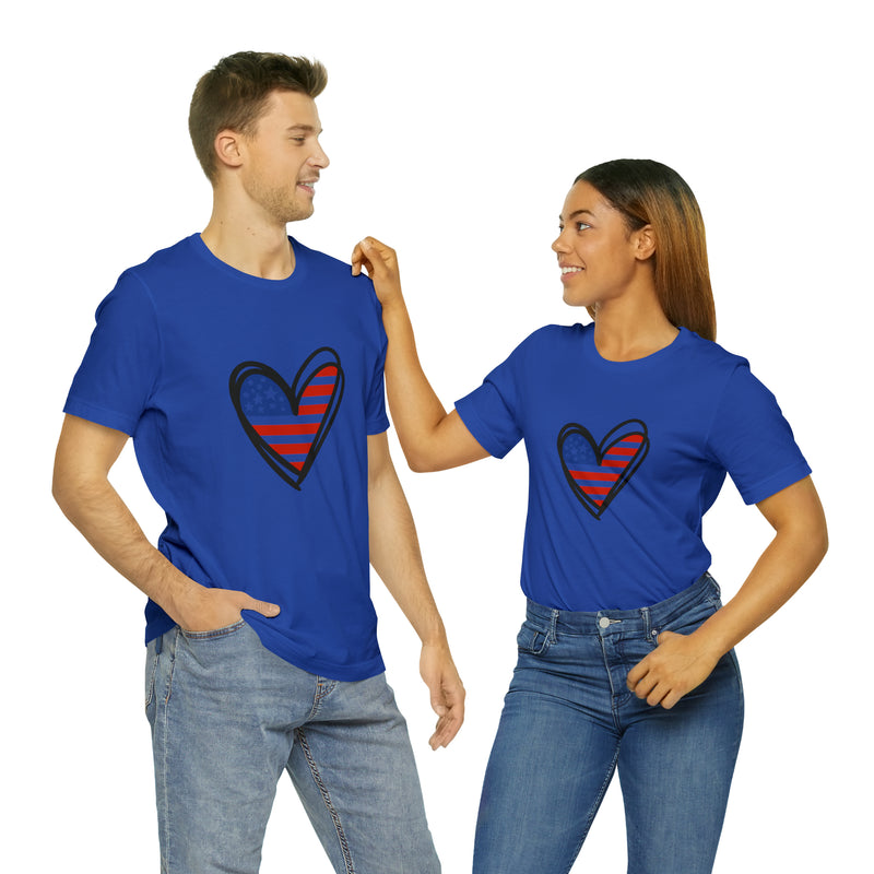 Love America Flag Heart Jersey Short Sleeve Tee - Soft & Comfortable - Patriotic Clothing - Made in the USA