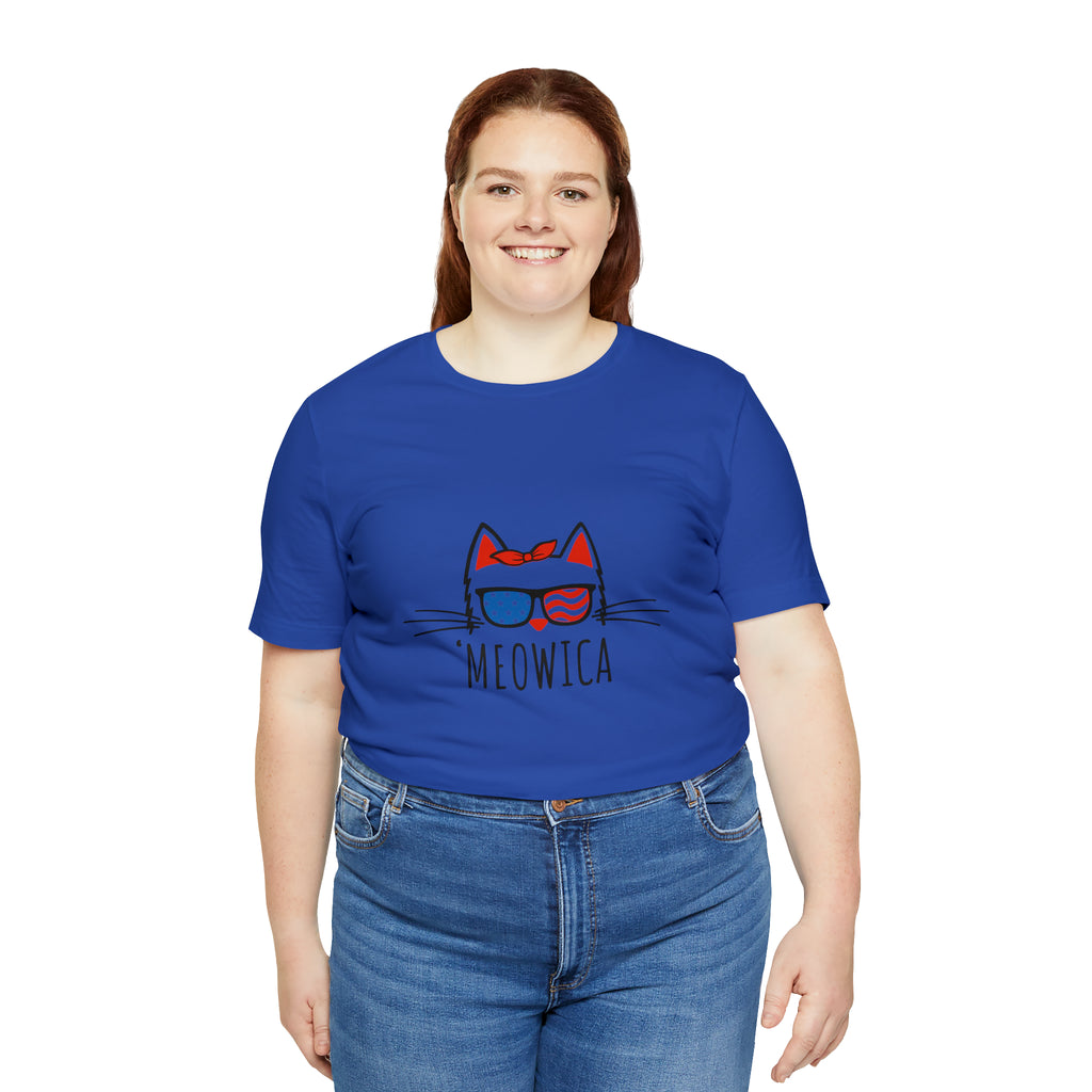 'Meowica Patriotic Cat with Sunglasses Jersey Short Sleeve Tee - Soft & Comfortable - Cute & Patriotic Clothing - Made in the USA