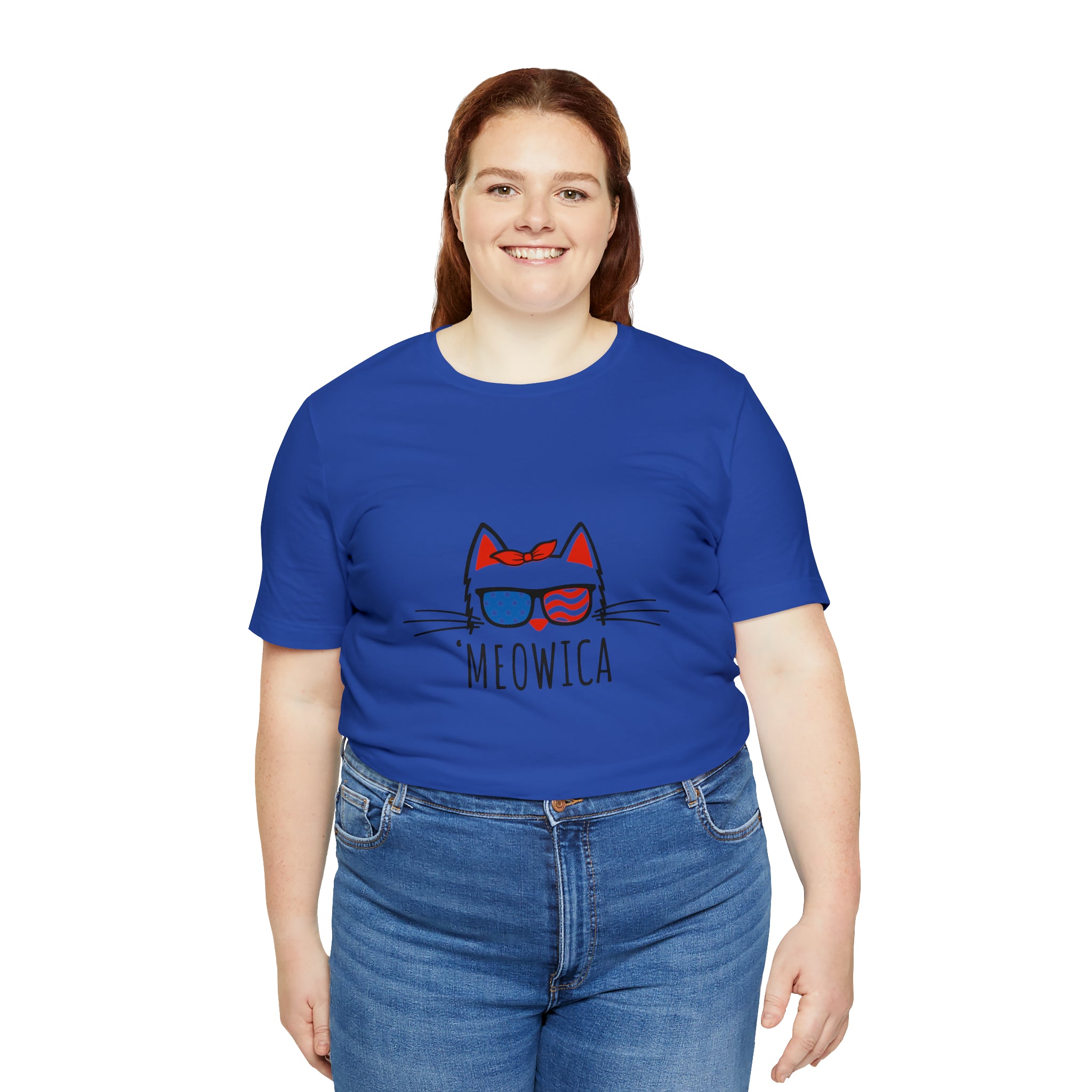 'Meowica Patriotic Cat with Sunglasses Jersey Short Sleeve Tee - Soft & Comfortable - Cute & Patriotic Clothing - Made in the USA