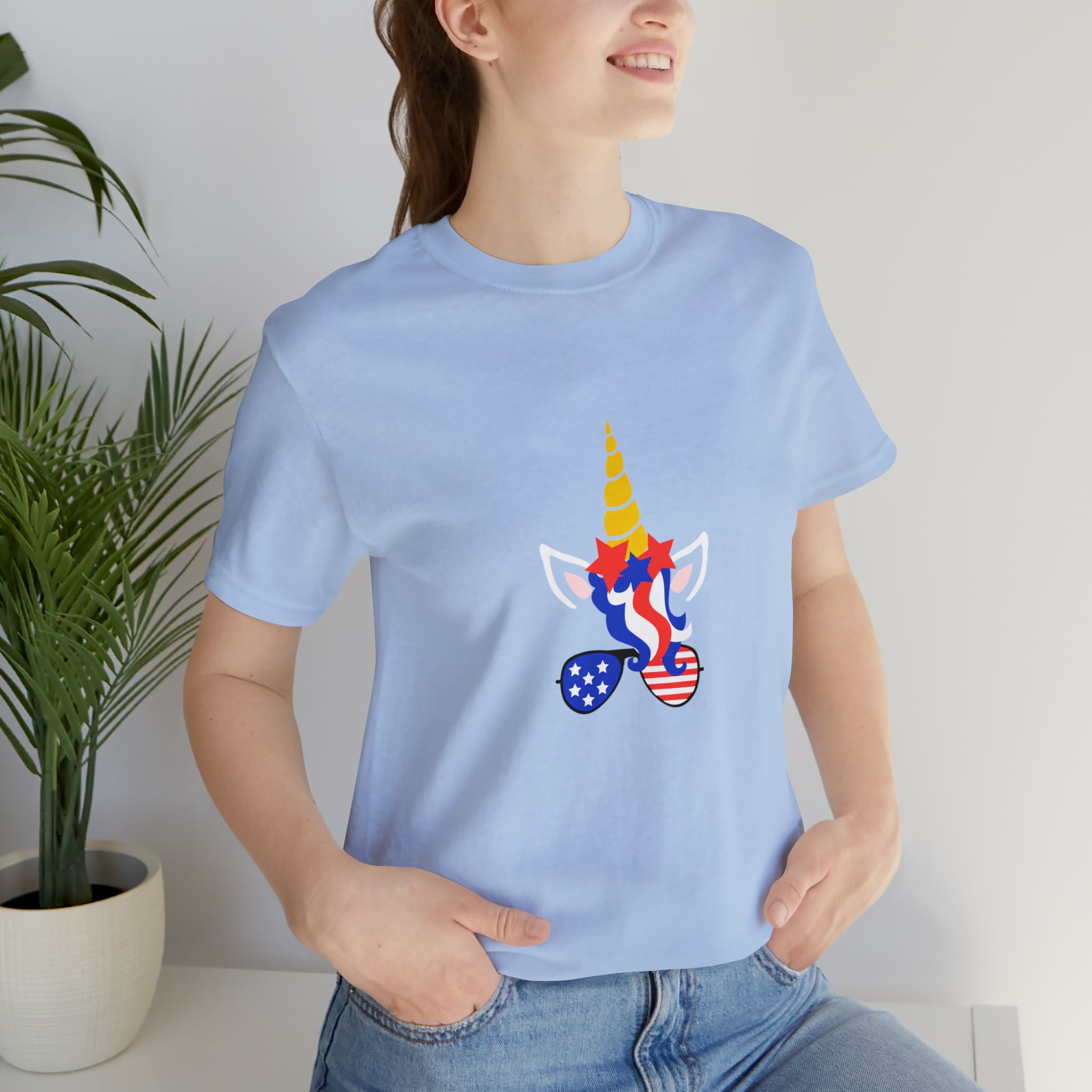4th of July Unicorn with Sunglasses Jersey Short Sleeve Tee - Soft & Comfortable - Patriotic Clothing - Made in the USA