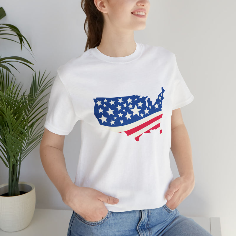 4th of July American Flag Map Jersey Short Sleeve Tee - Soft & Comfortable - Patriotic Clothing - Made in the USA