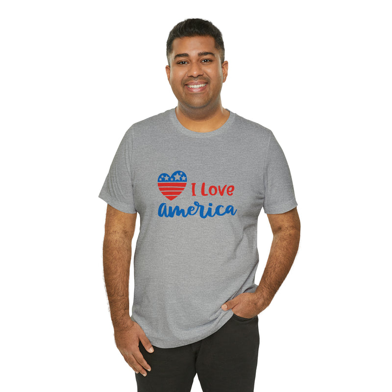 I Love America Heart Jersey Short Sleeve Tee - Soft & Comfortable - Patriotic Clothing - Made in the USA