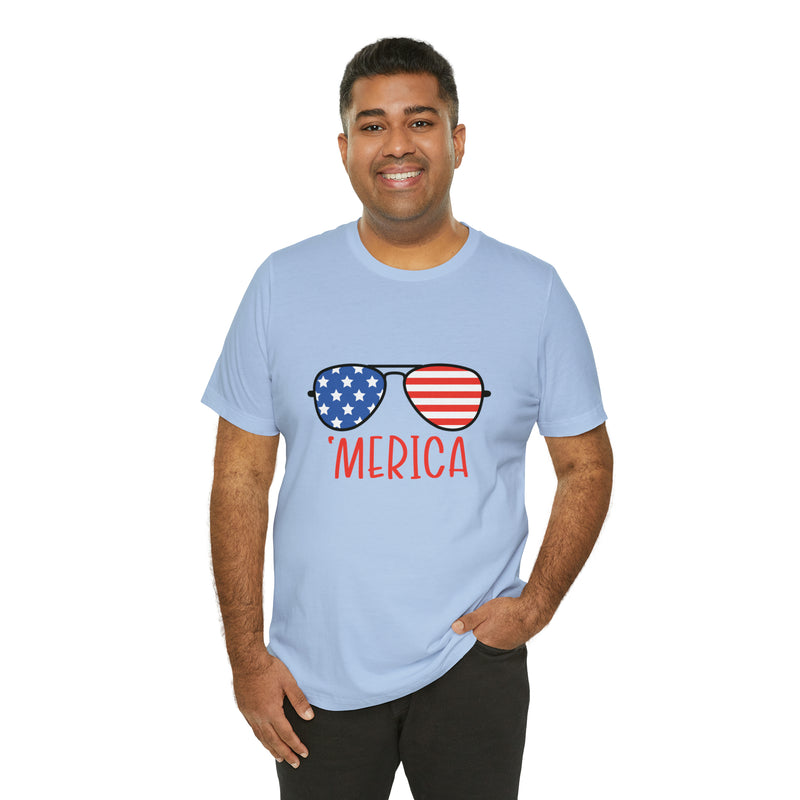 'Merica American Flag Sunglasses Jersey Short Sleeve Tee - Soft & Comfortable - Patriotic Clothing - Made in the USA