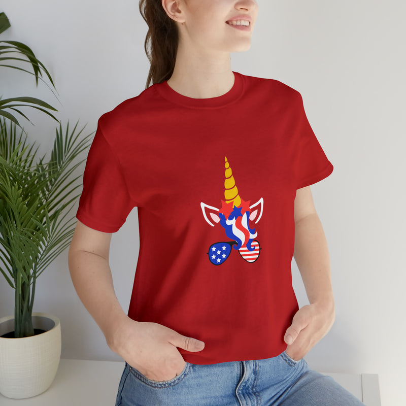 4th of July Unicorn with Sunglasses Jersey Short Sleeve Tee - Soft & Comfortable - Patriotic Clothing - Made in the USA