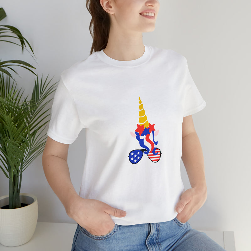 4th of July Unicorn with Sunglasses Jersey Short Sleeve Tee - Soft & Comfortable - Patriotic Clothing - Made in the USA