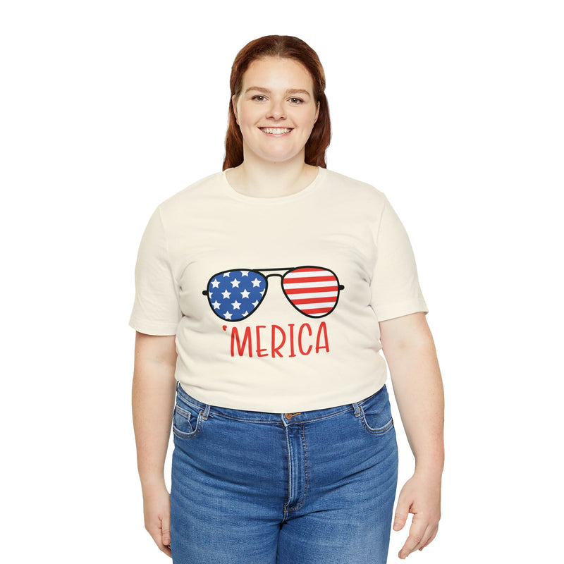 'Merica American Flag Sunglasses Jersey Short Sleeve Tee - Soft & Comfortable - Patriotic Clothing - Made in the USA